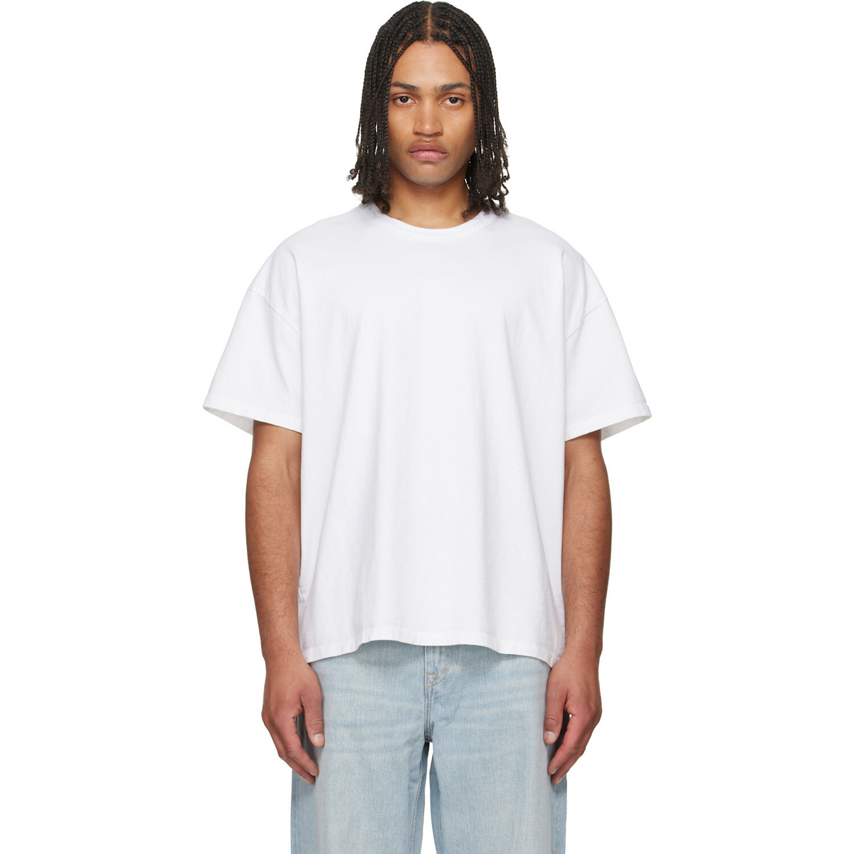 Les Tien White Lightweight Binded Neck Oversized T-shirt