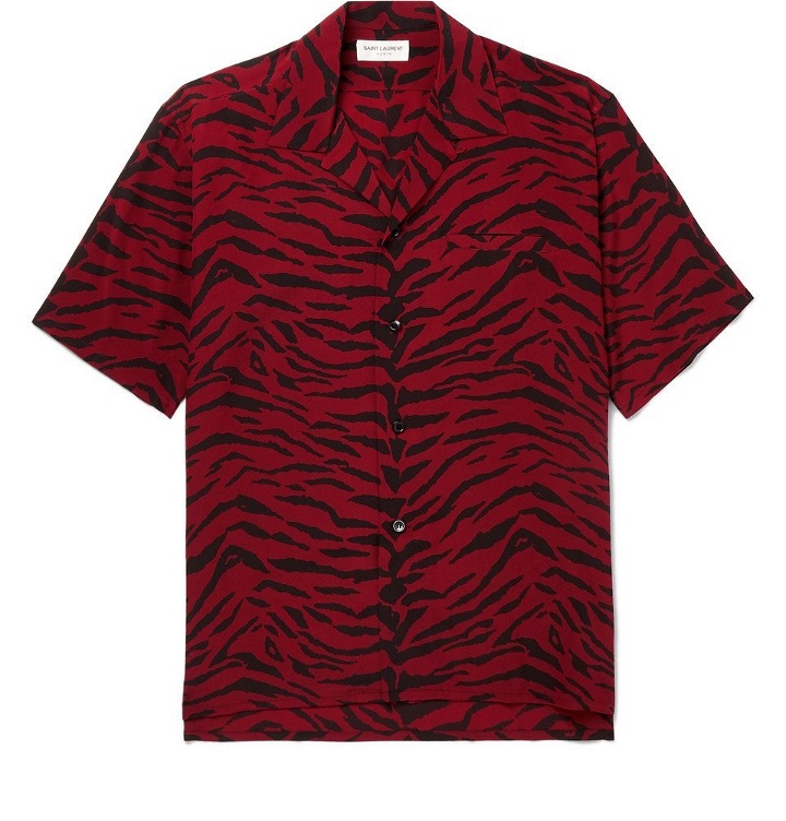 Photo: SAINT LAURENT - Camp-Collar Zebra-Print Silk Crepe de Chine Shirt - Red