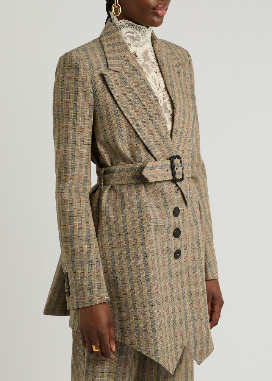 Rabanne Checked Belted Wool Blazer Beige