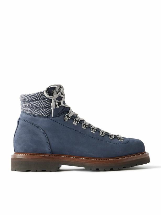 Photo: Brunello Cucinelli - Flannel-Trimmed Nubuck Boots - Blue