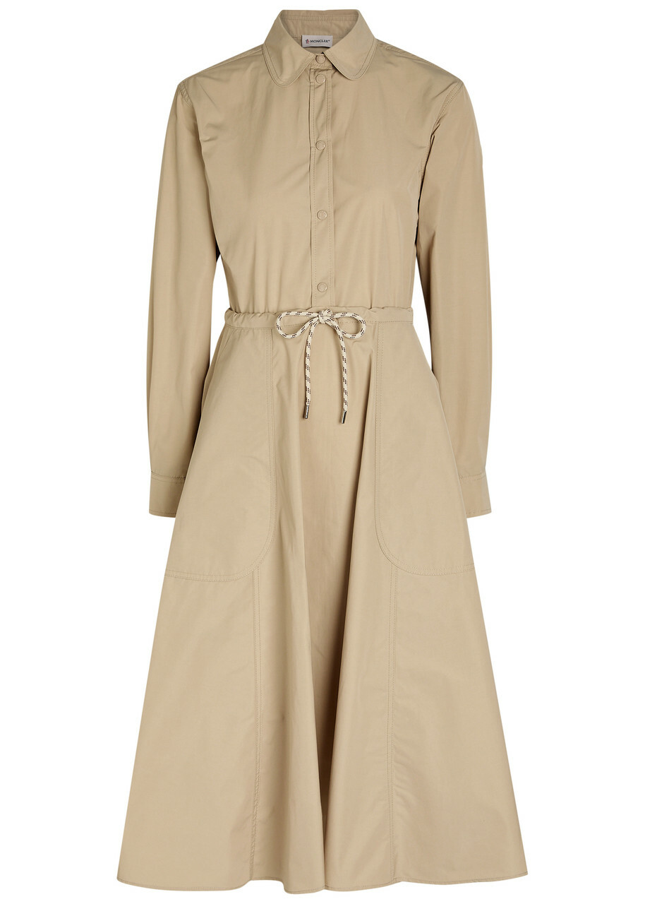 Moncler Drawstring Poplin Midi Shirt Dress Beige