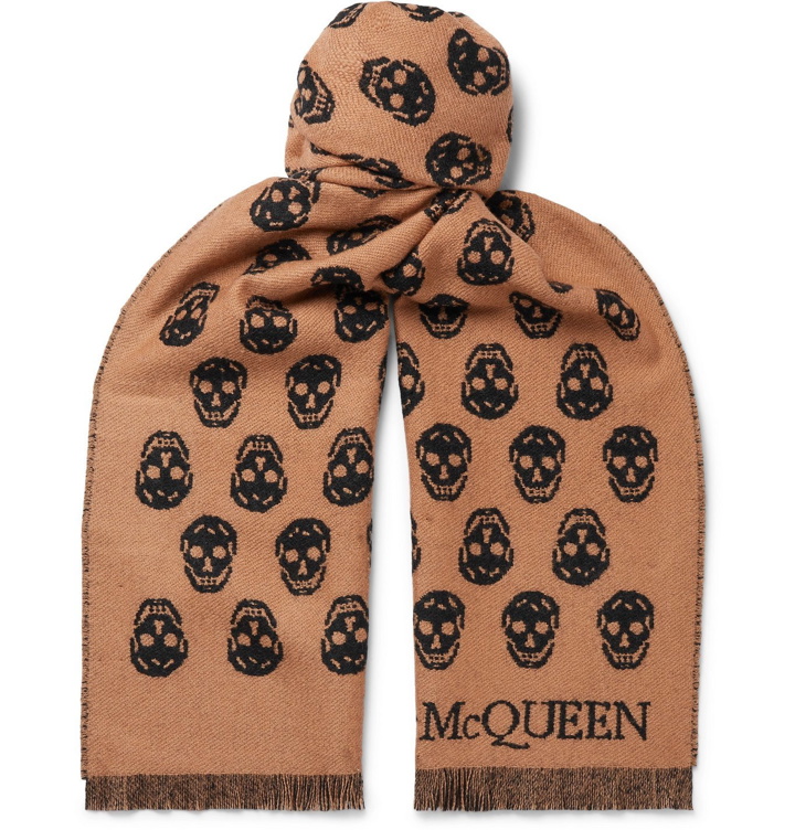 Photo: Alexander McQueen - Reversible Fringed Logo-Jacquard Wool Scarf - Brown