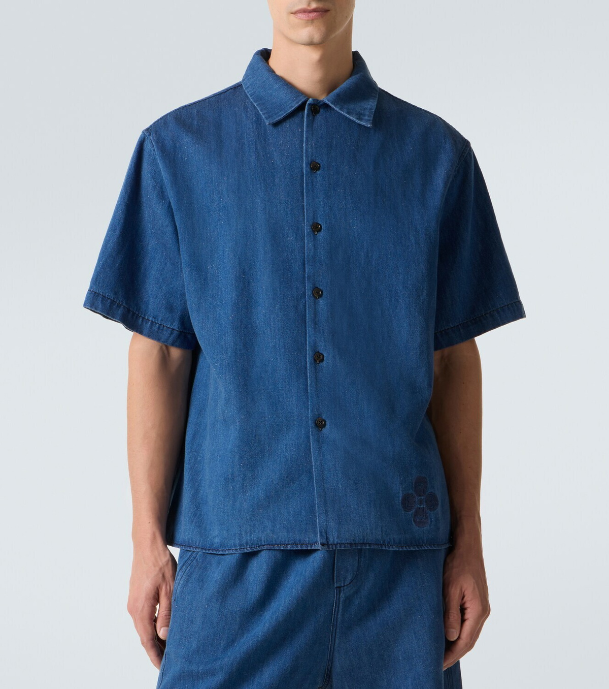 Commas Embroidered oversized cotton-blend denim bowling shirt