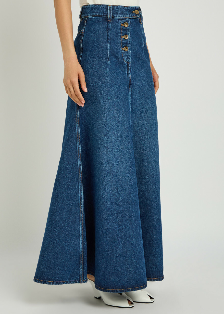 A.W.A.K.E Mode Cut-out Flared Denim Midi Skirt Blue