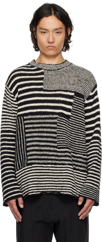 Photo: YOHJI YAMAMOTO Black & Off-White 3G1P Border Round Neck Knit Sweater