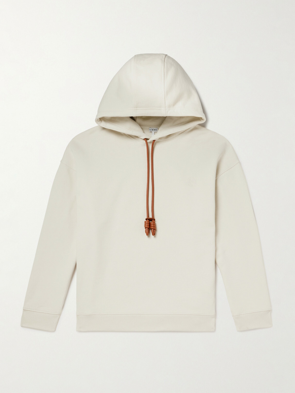 LOEWE - Logo-Embroidered Leather-Trimmed Cotton-Jersey Hoodie - Neutrals