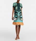 La DoubleJ Swing feather-trimmed floral silk twill minidress