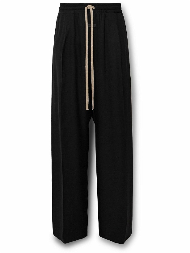 Photo: Fear of God - Wide-Leg Logo-Appliquéd Silk and Virgin Wool-Blend Twill Drawstring Trousers - Black