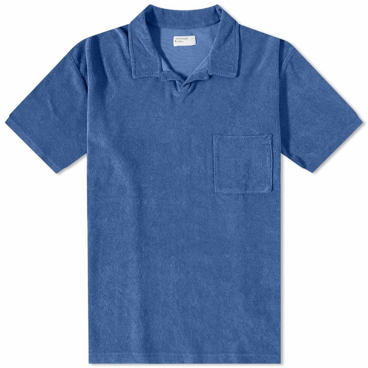 Photo: Universal Works Men's Terry Fleece Vacation Polo Shirt in Blue