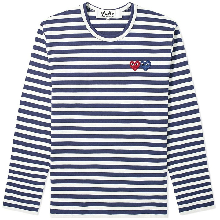 Photo: Comme des Garçons Play Men's Double Heart Long Sleeve Stripe T-Shirt in Navy