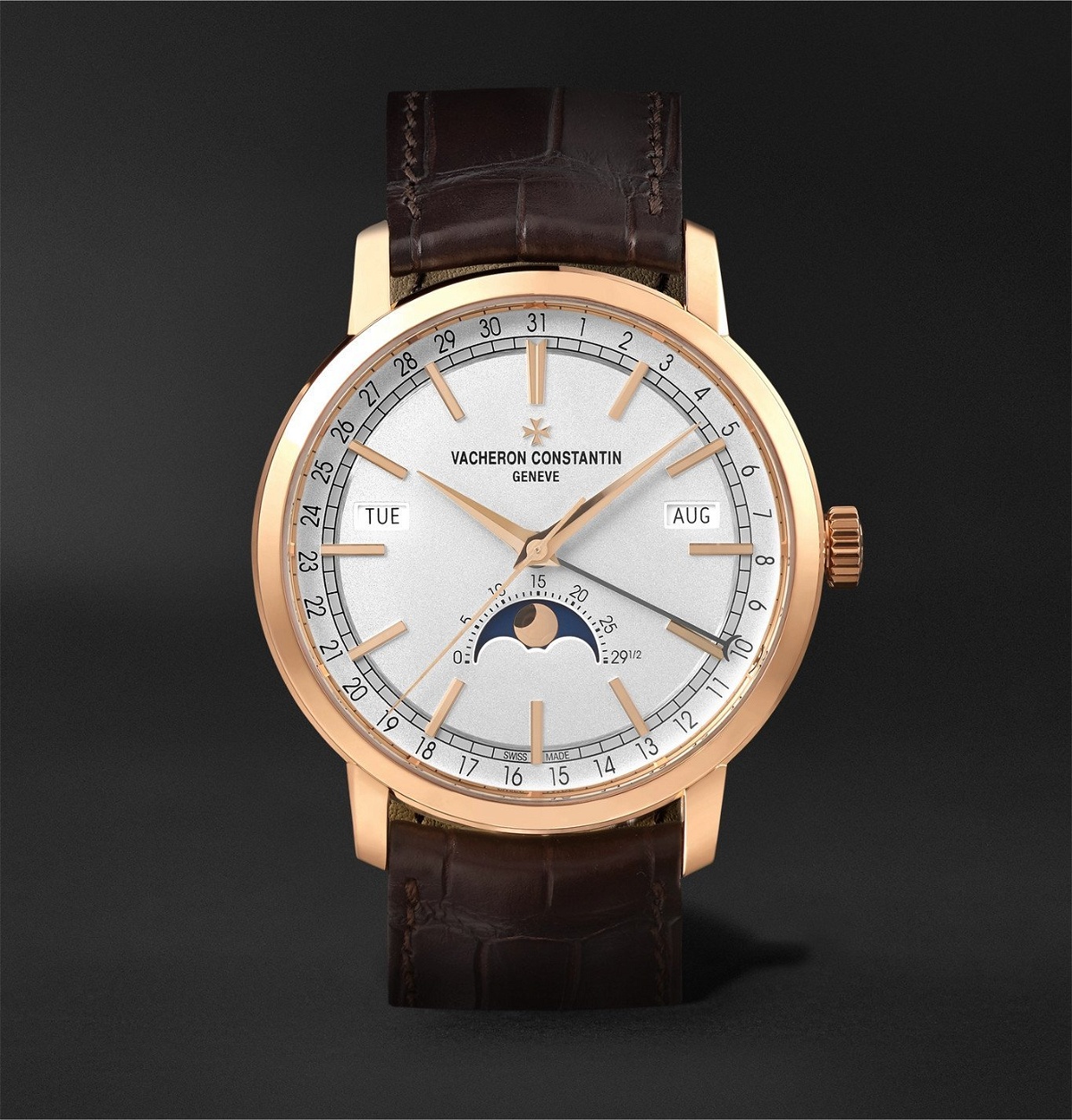 Photo: Vacheron Constantin - Traditionnelle Complete Calendar Automatic 41mm 18-Karat Pink Gold and Alligator Watch, Ref. No. 4010T/000R-B344 - White
