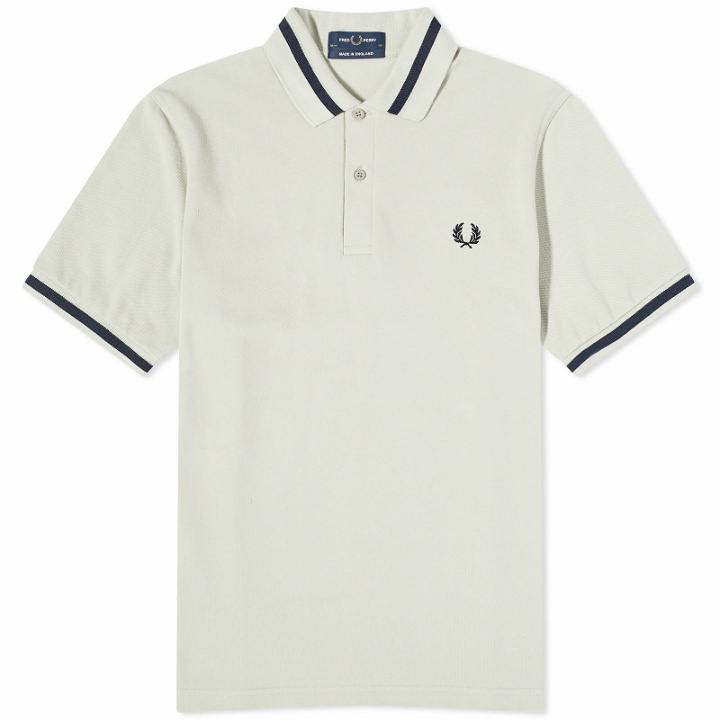Photo: Fred Perry Men's Single Tipped Polo Shirt - Made in England in Light Oyster/Navy