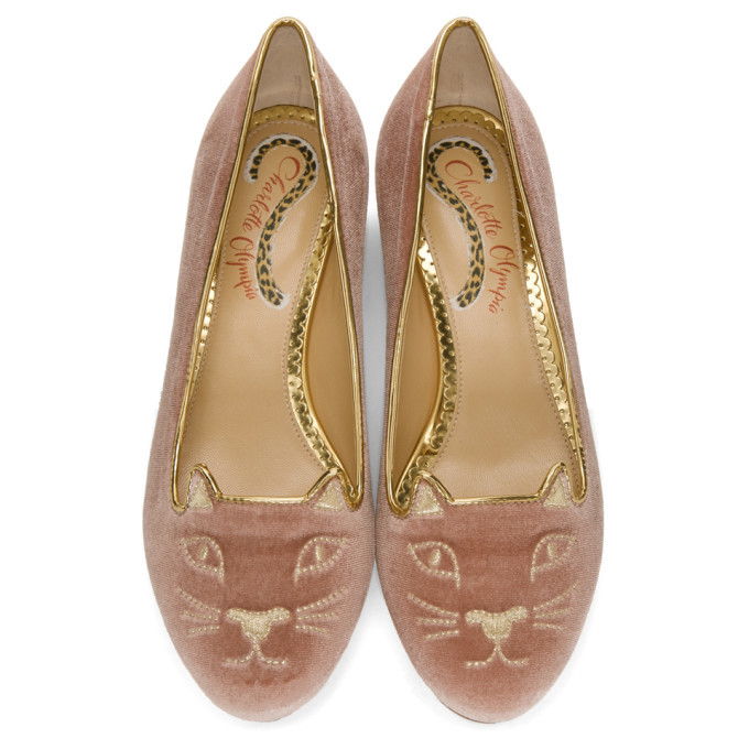 Charlotte Olympia SSENSE Exclusive Pink Velvet Kitty Slippers Charlotte Olympia