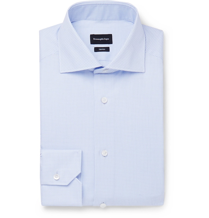 Photo: Ermenegildo Zegna - Light-Blue Cutaway-Collar Checked Cotton Shirt - Blue