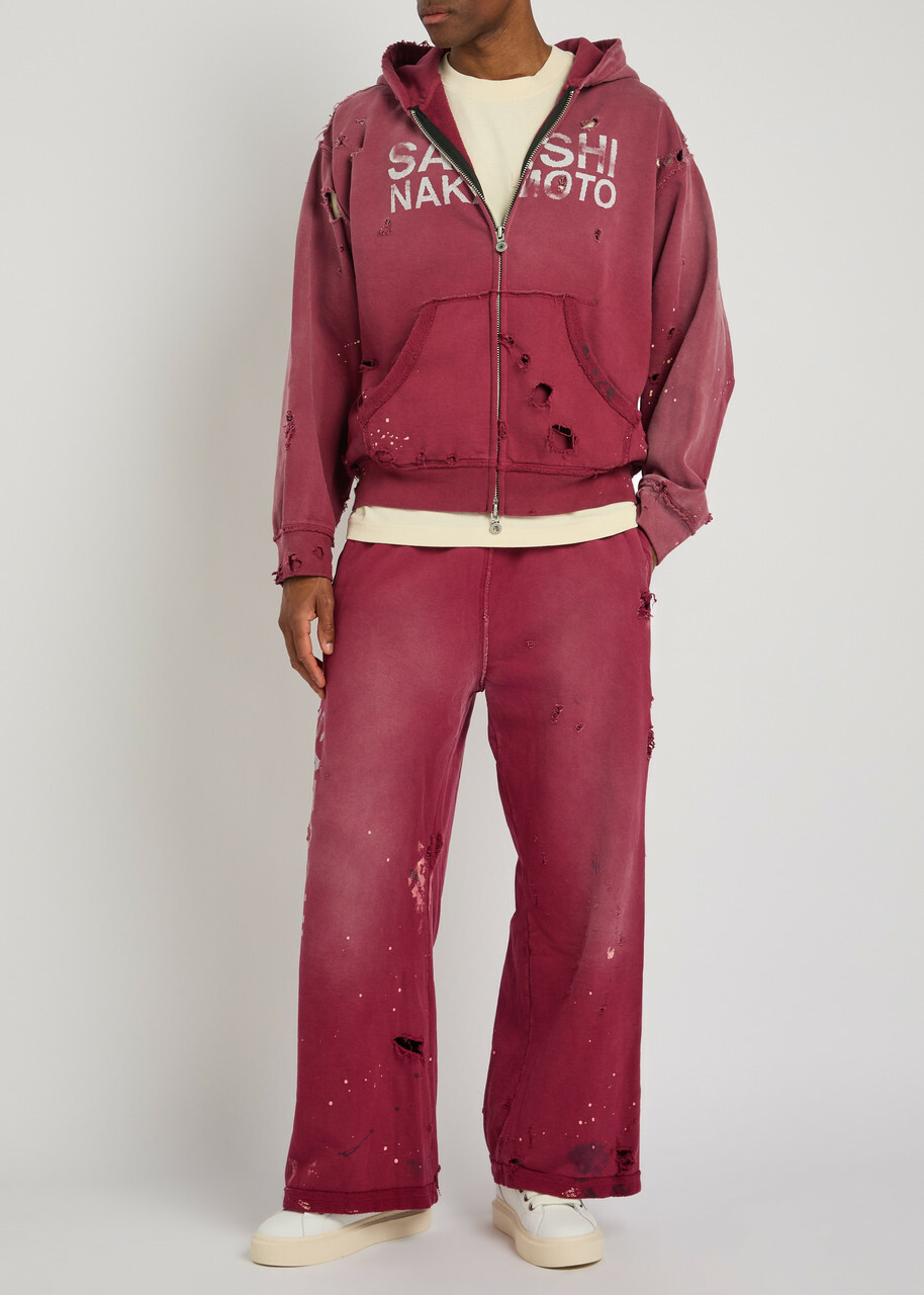 Satoshi Nakamoto Luke Printed Hooded Distressed Cotton Sweatshirt Burgundy