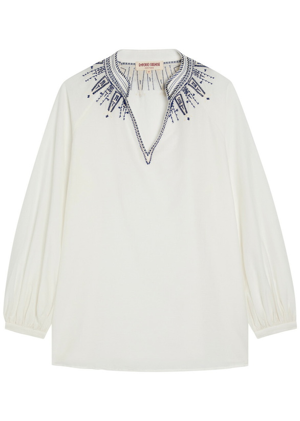 Photo: Emporio Sirenuse Illizia Embroidered Cotton-blend Blouse White And Blue