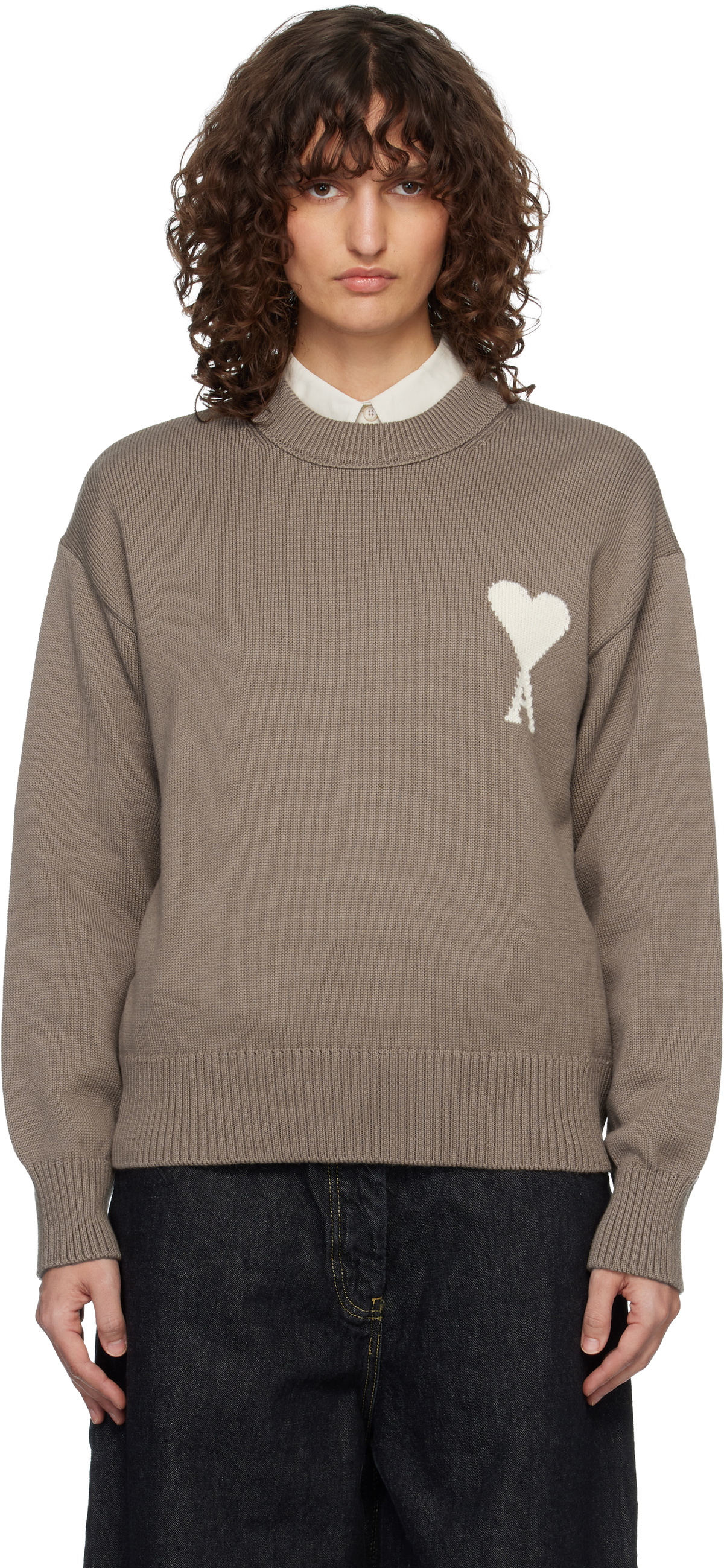 AMI Paris Taupe Wool & Cotton Crewneck Ami de Coeur Sweater