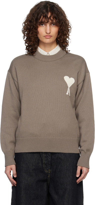 Photo: AMI Paris Taupe Wool & Cotton Crewneck Ami de Coeur Sweater