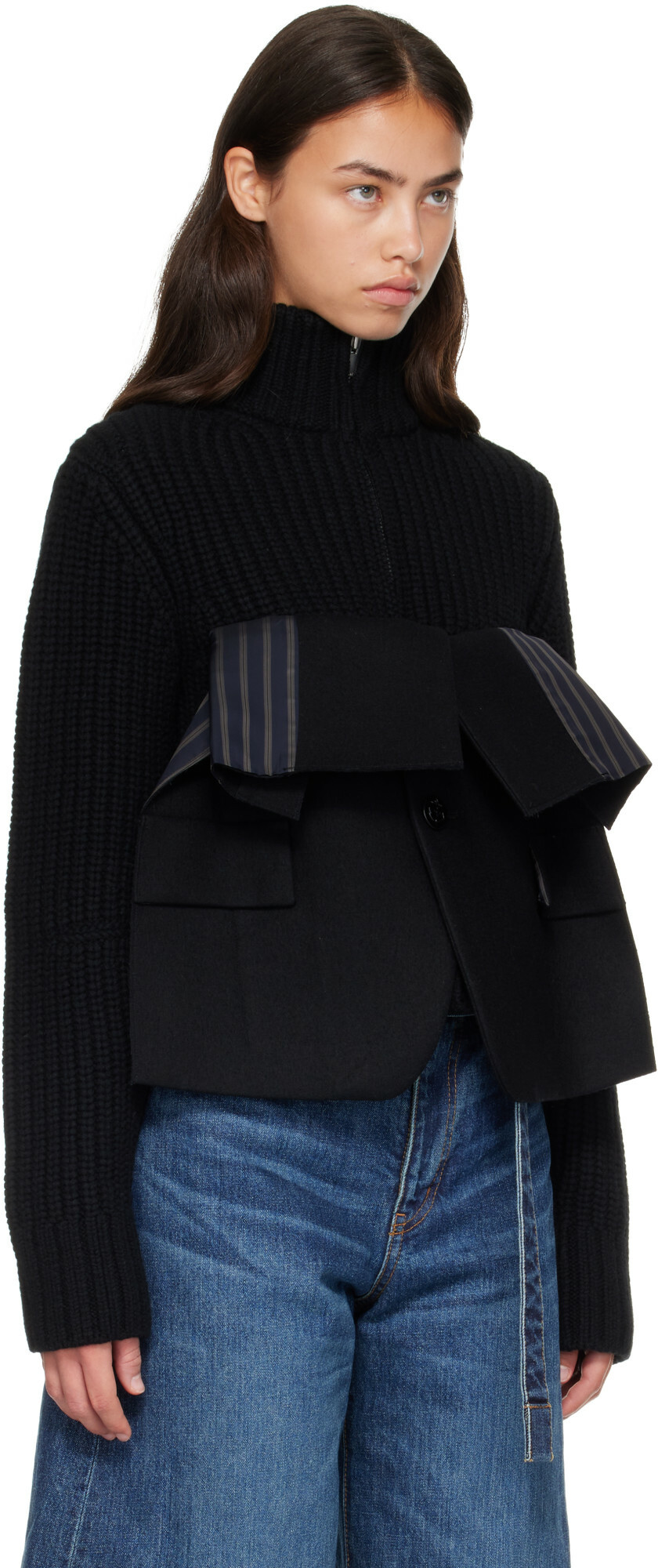 sacai Black Wool Melton x Wool Knit Blouson Jacket