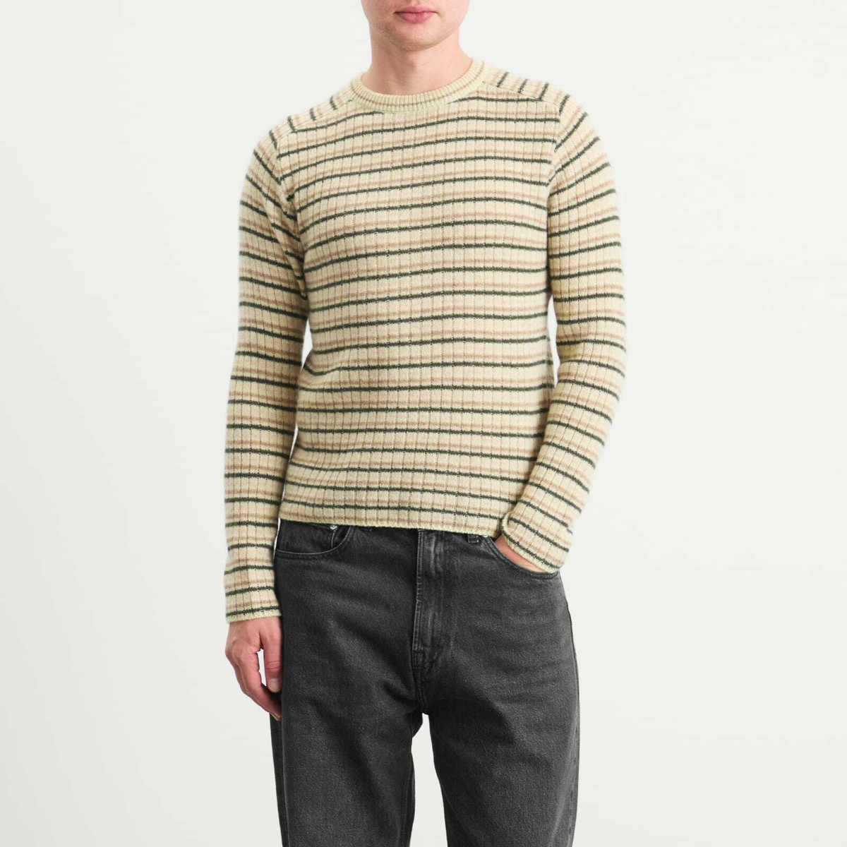 Auralee Men's Shetland Wool Cashmere Rib Knit P/O in Ivory Stripe