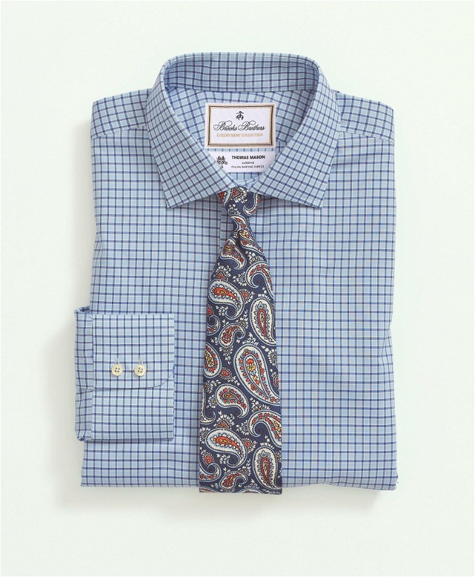 Photo: Brooks Brothers Men's X Thomas Mason Cotton Poplin English Collar, Check Dress Shirt | Blue