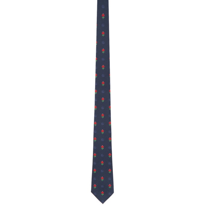 Photo: Gucci Navy and Red Silk Flowers Double G Tie
