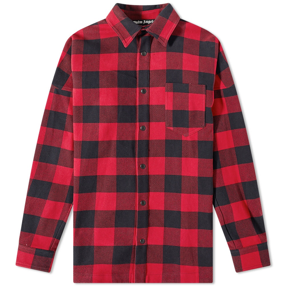 Photo: Palm Angels Men's Curved Logo Overshirt in Red/White