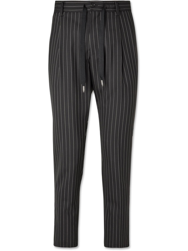 Photo: DOLCE & GABBANA - Slim-Fit Cropped Tapered Pinstriped Wool Drawstring Trousers - Black
