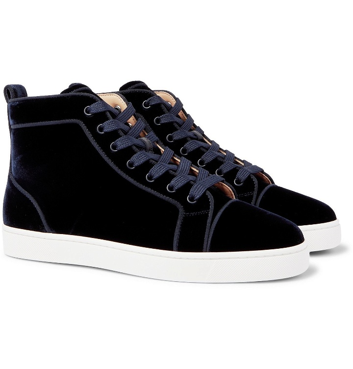 Photo: CHRISTIAN LOUBOUTIN - Louis Leather-Trimmed Velvet High-Top Sneakers - Blue