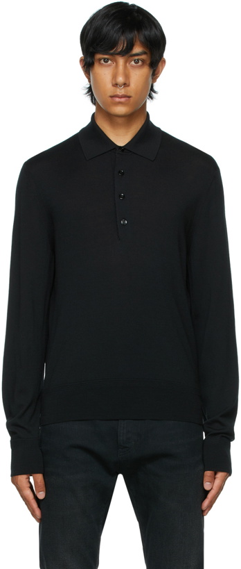 Photo: TOM FORD Black Fine Gauge Merino Long Sleeve Polo