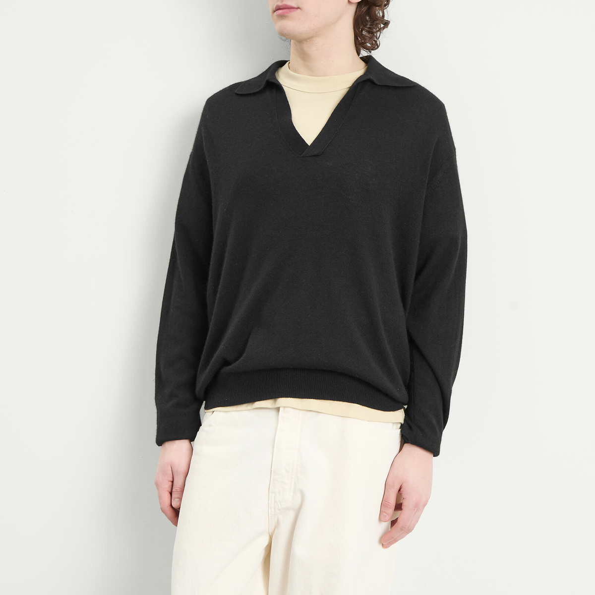 Auralee Men's Cashmere Silk Knit Skipper Polo in Black