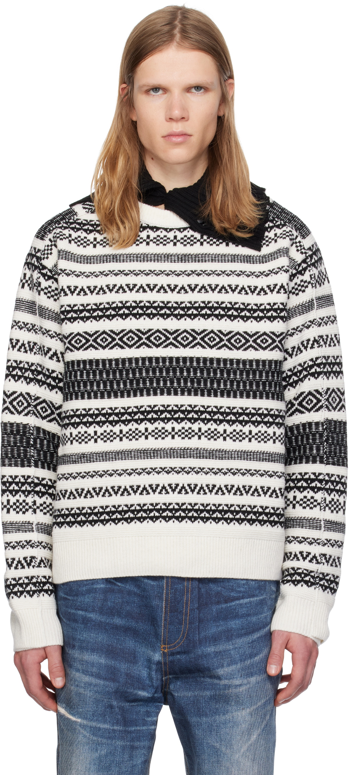 Andersson Bell White & Black Nordic Crewneck Sweater