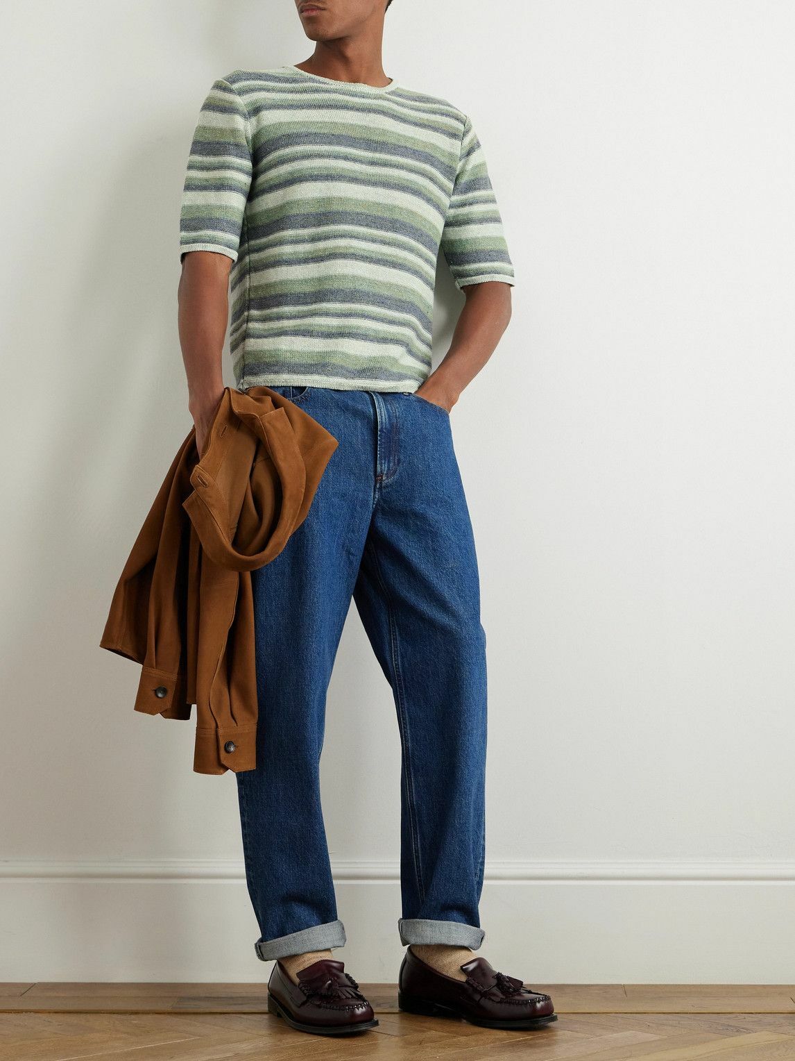 Inis Meáin - Strata Striped Knitted Linen T-Shirt - Green