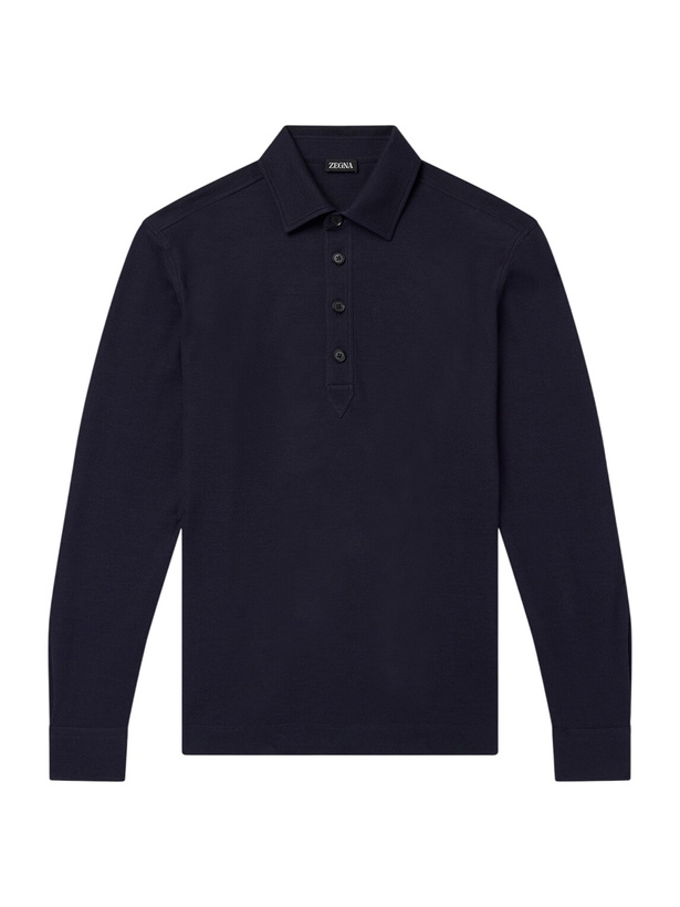 Photo: Zegna - Cotton and Silk-Blend Piqué Polo Shirt - Blue