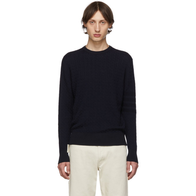 Photo: Thom Browne Navy Baby Cable Knit Crewneck Sweater