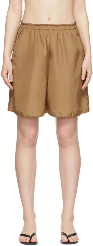 Photo: TOTEME Tan Silk Embroidered Shorts