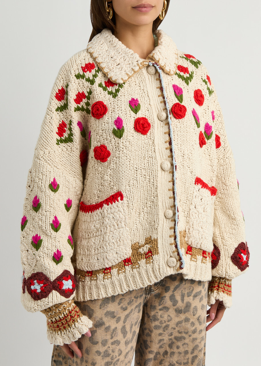 Free People Rosebud Embroidered Cotton-blend Cardigan Beige