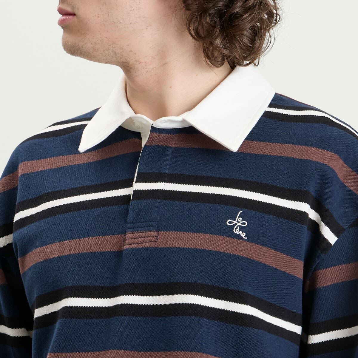 Le Père Men's Long-Sleeve Rugby Polo in Brown Multi Stripe