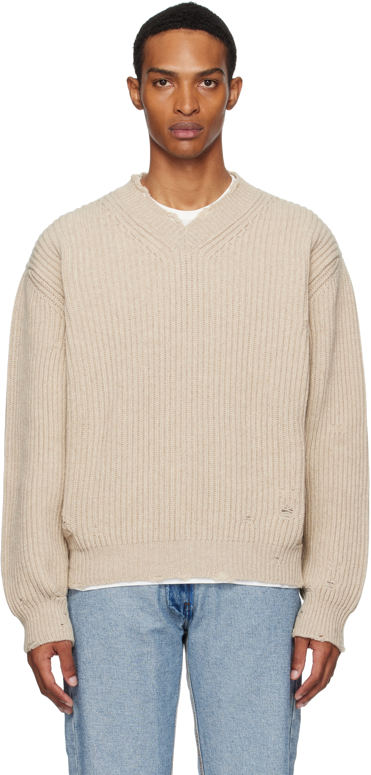 MM6 Maison Margiela Beige Ribbed Wool Knit Sweater MM6 Maison Margiela