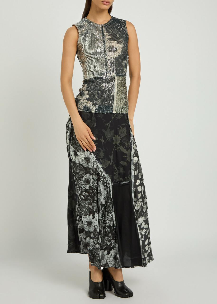 Maison Margiela Panelled Floral-print Embellished Silk Midi Skirt Multicoloured