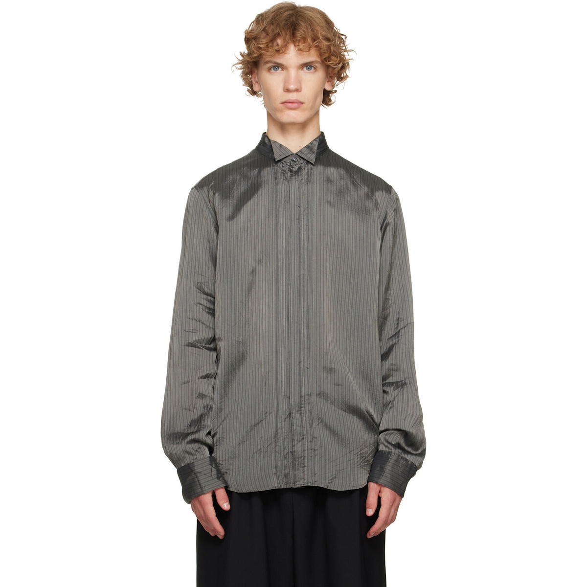 Dries Van Noten Gray & Burgundy Pinstripe Shirt