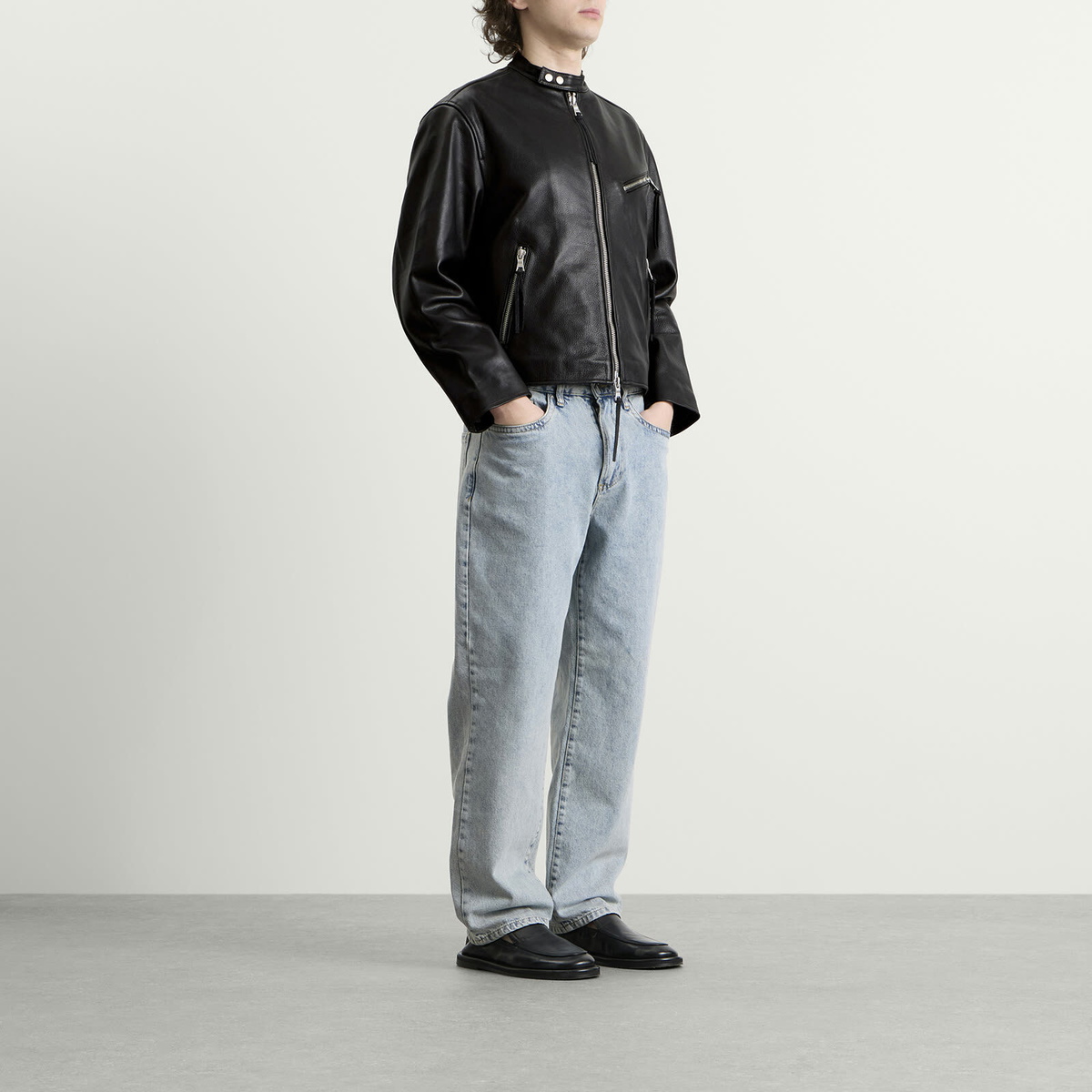 MKI Men's Cropped Leather Racer Jacket in Black