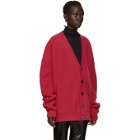 Raf Simons Red V-Neck Leather Patch Cardigan