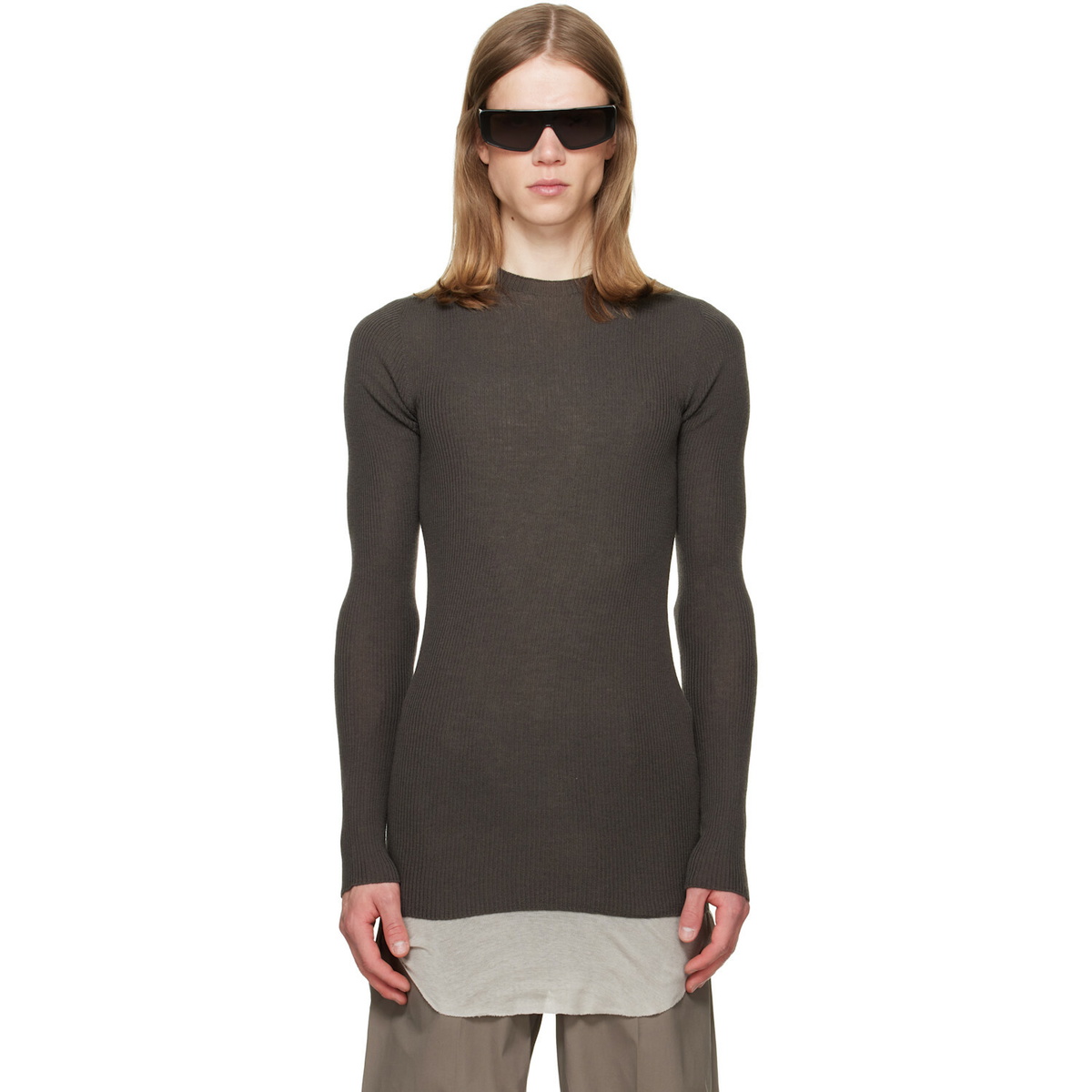Rick Owens Gray Tower Ribbed Round Neck Sweater