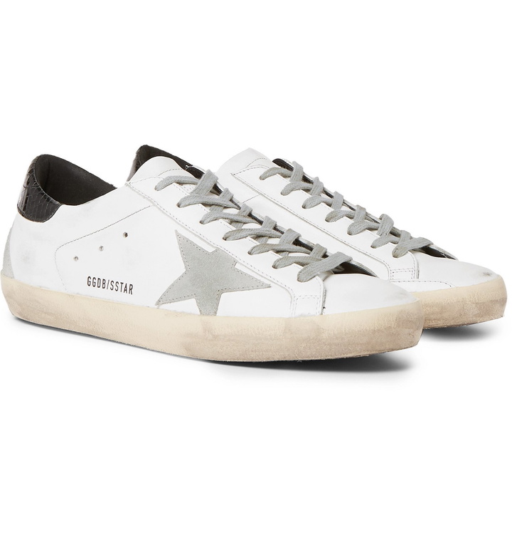 Photo: Golden Goose - Superstar Distressed Leather and Suede Sneakers - White