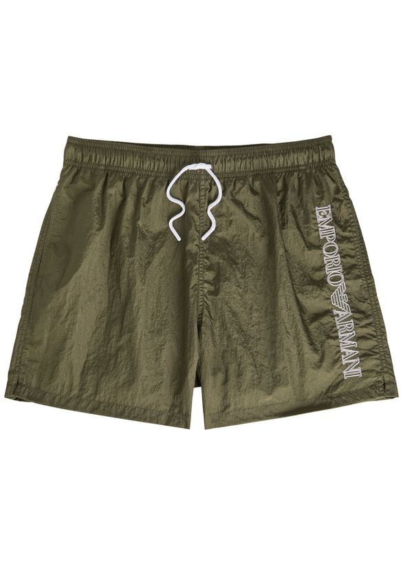 Photo: Emporio Armani Logo-embroidered Crinkled Nylon Swim Shorts Olive