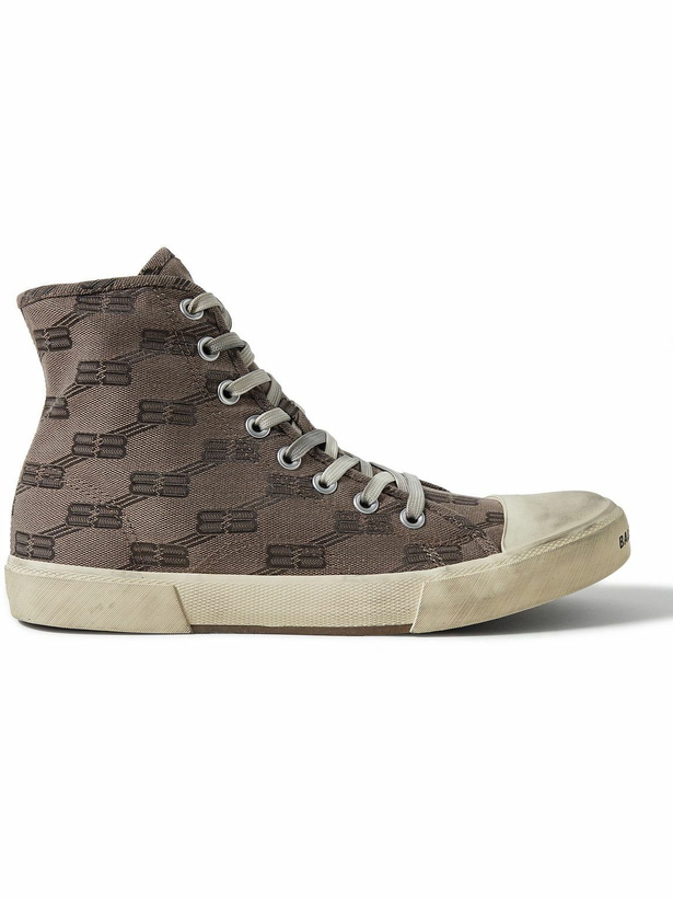 Photo: Balenciaga - Paris Distressed Logo-Embroidered Canvas High-Top Sneakers - Brown