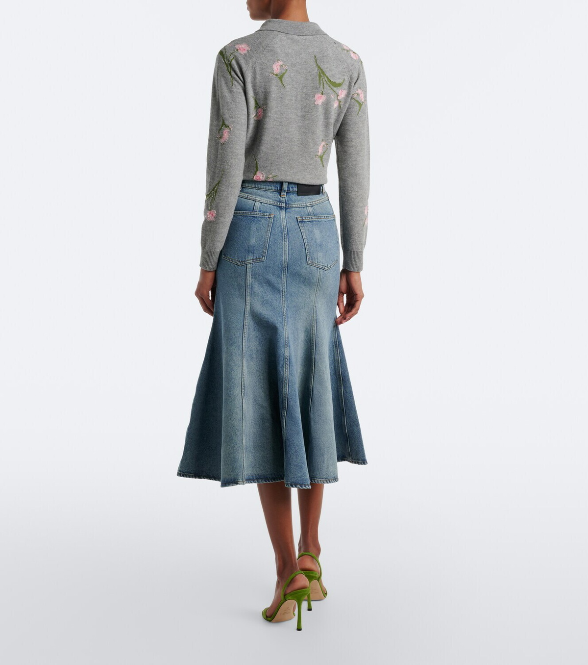 Erdem Floral-appliqué denim midi skirt