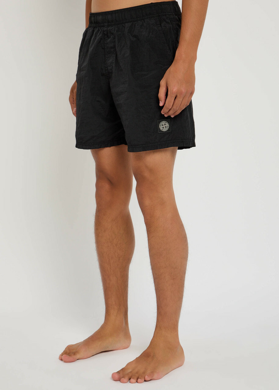 Stone Island Logo Crinkled Nylon Swim Shorts Black Stone Island