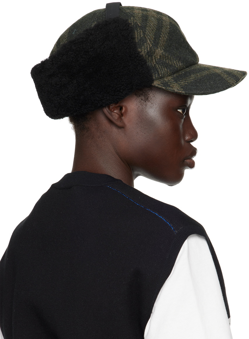 Burberry Green Shearling Trim Corduroy Trapper Cap Burberry